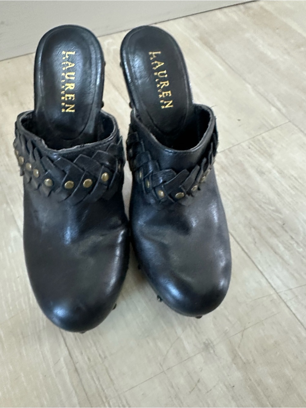 Lauren Ralph Lauren Black Leather Braided Mule Clogs with Stud Trim